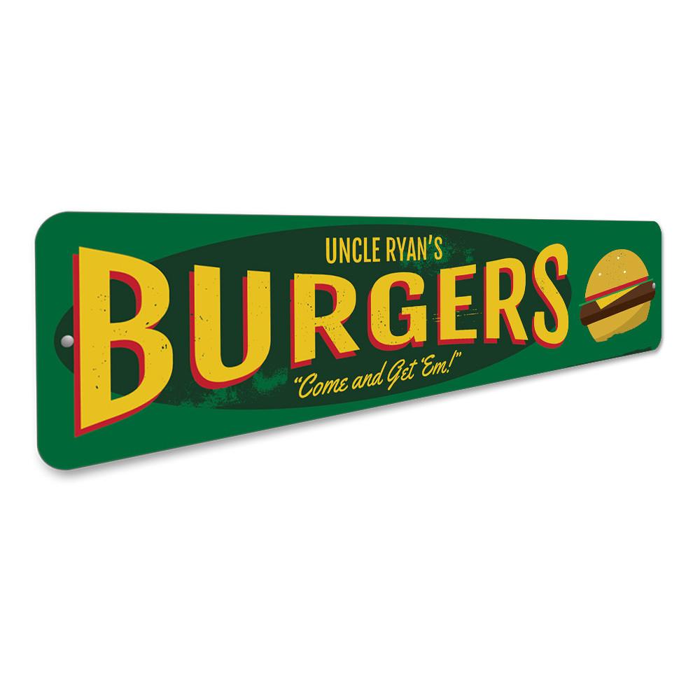 Custom Burgers Sign made of high-quality aluminum, featuring vibrant colors and a unique design, perfect for restaurants and cafes.