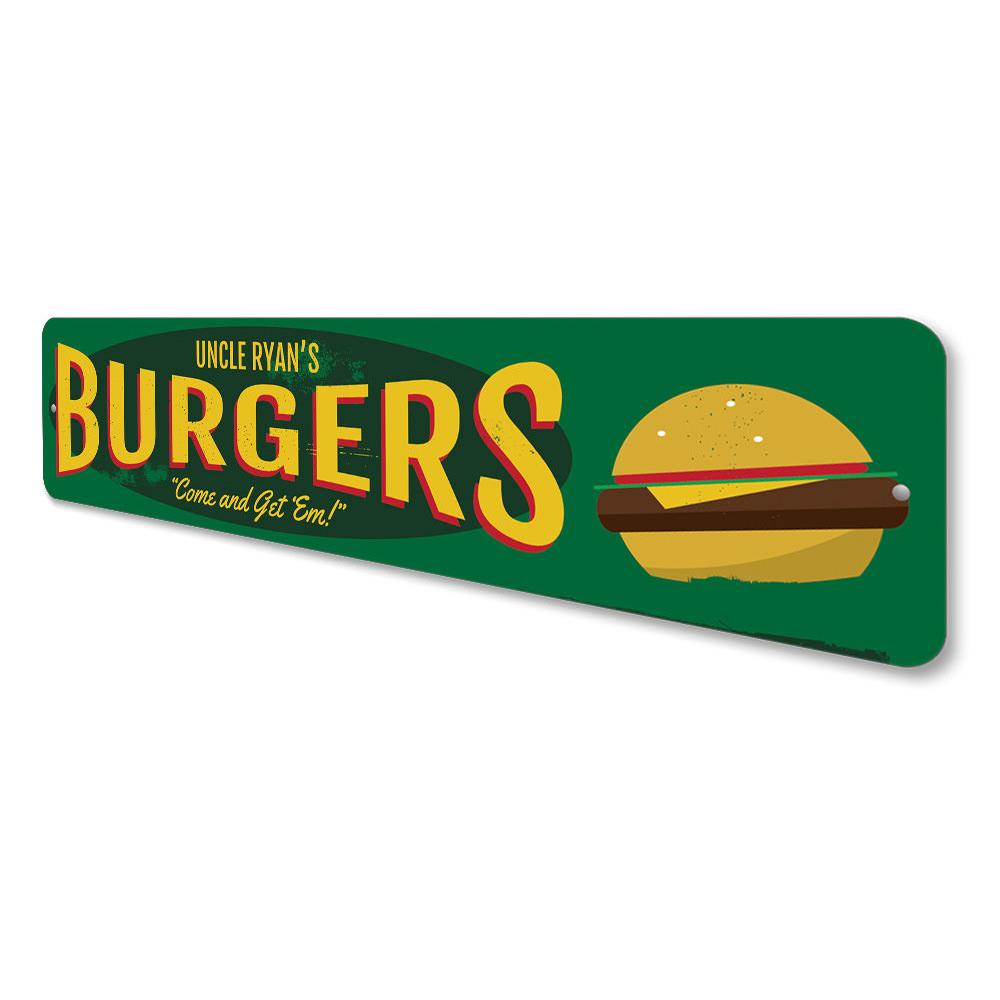 Custom Burgers Sign made of high-quality aluminum, featuring vibrant colors and a unique design, perfect for restaurants and cafes.