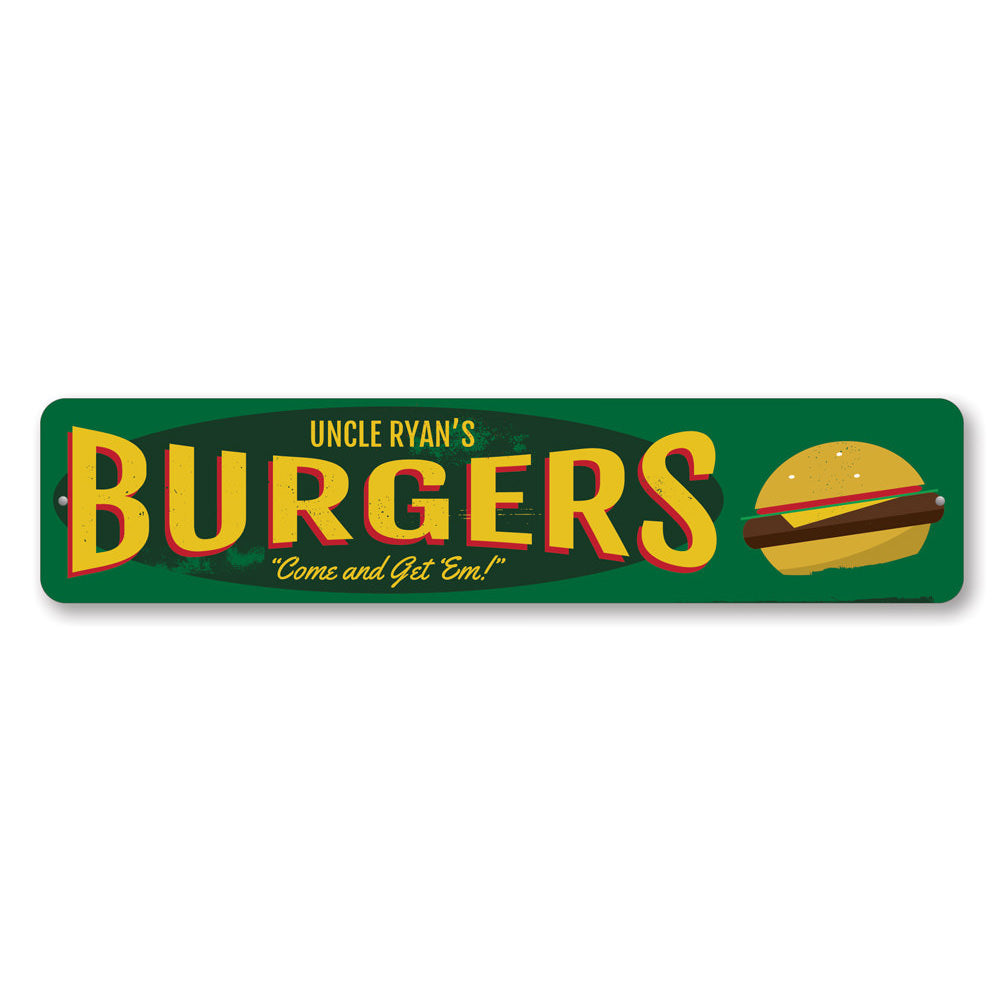 Custom Burgers Sign made of high-quality aluminum, featuring vibrant colors and a unique design, perfect for restaurants and cafes.