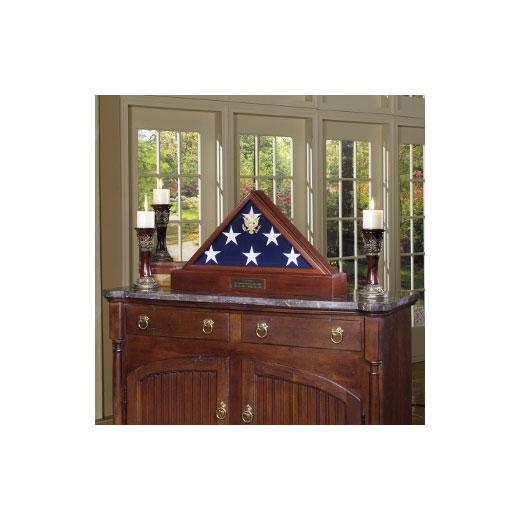 Solid walnut burial flag display case with pedestal and urn, featuring beveled glass and gold Great Seal of the U.S.