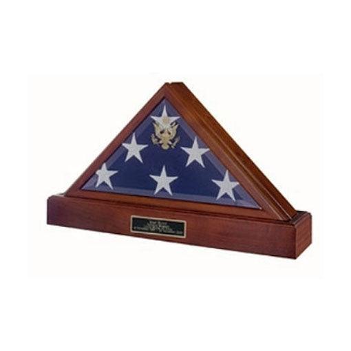 A beautifully crafted Burial Flag and Pedestal Display Case made of solid walnut, featuring a beveled glass front and gold Great Seal of the U.S.