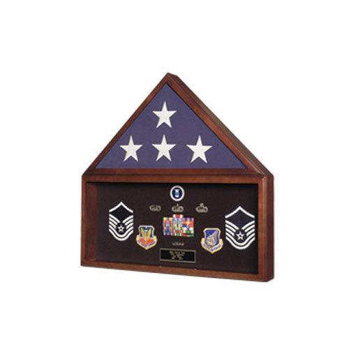 Ceremonial Flag and Medal Display Case showcasing a folded burial flag and medals, featuring a glass front and solid hardwood construction.