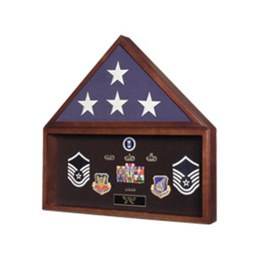 Ceremonial Flag Medal Display Case showcasing a folded flag and medals in a glass-fronted hardwood frame.