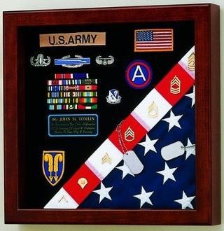 American-made Burial Flag Medals Display Case in Queen Anne Cherry and Solid Oak finishes, showcasing a flag and medals.