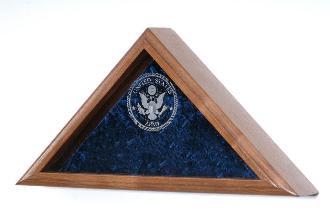 Walnut Burial Military Flag Display Case with engraved service emblem and crushed velvet back panel, showcasing a burial flag.