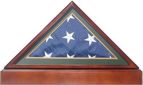 Elegant Burial/Funeral Flag Display Case Frame with Pedestal Stand, showcasing a folded U.S.A flag in a solid wood frame.