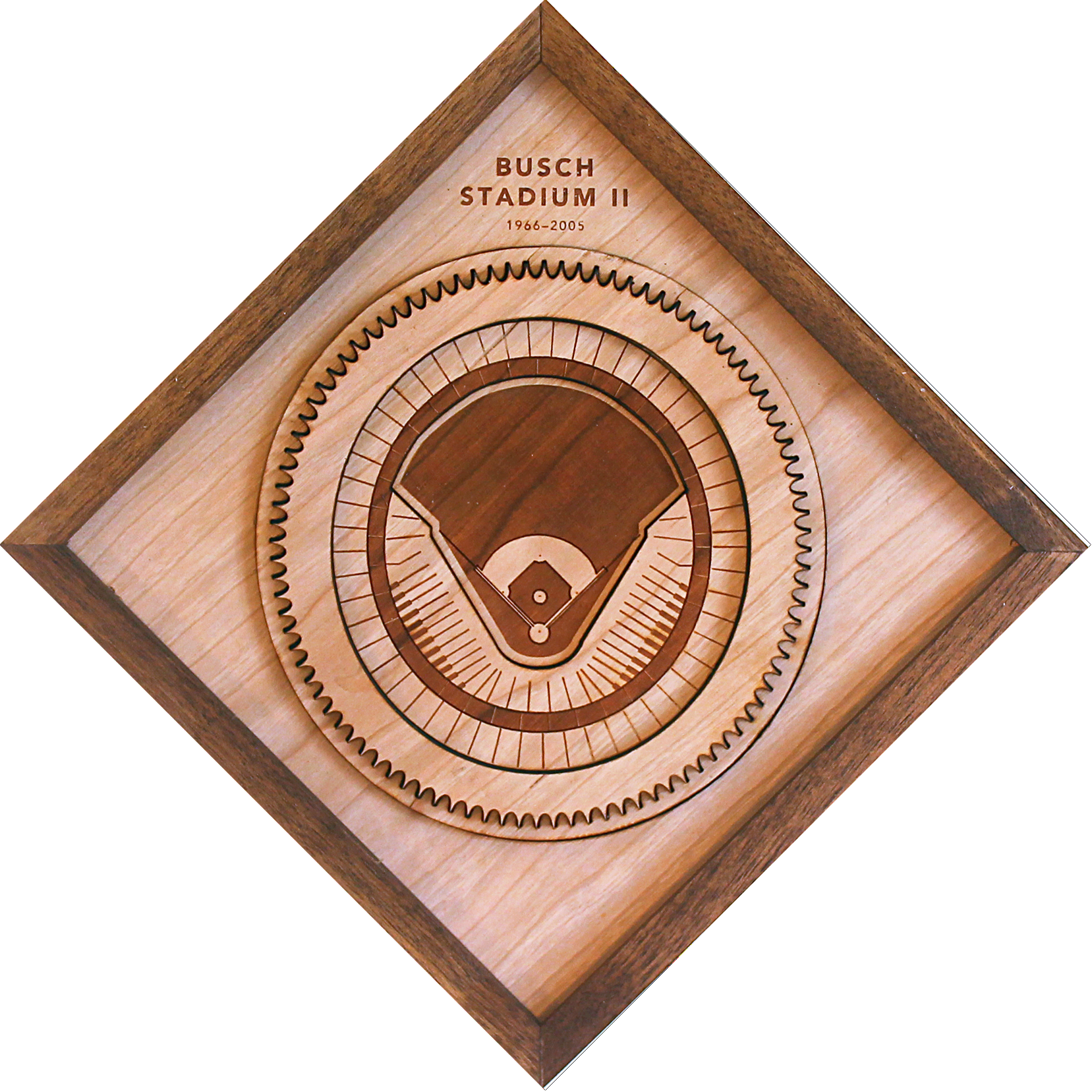 A beautifully crafted wooden artwork of Busch Stadium II featuring intricate laser-cut details and a black walnut frame, perfect for Cardinal fans.