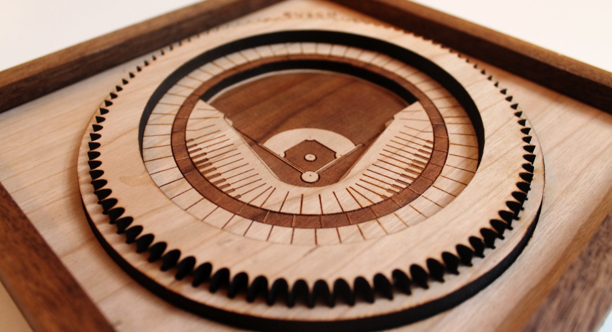 A beautifully crafted wooden artwork of Busch Stadium II featuring intricate laser-cut details and a black walnut frame, perfect for Cardinal fans.