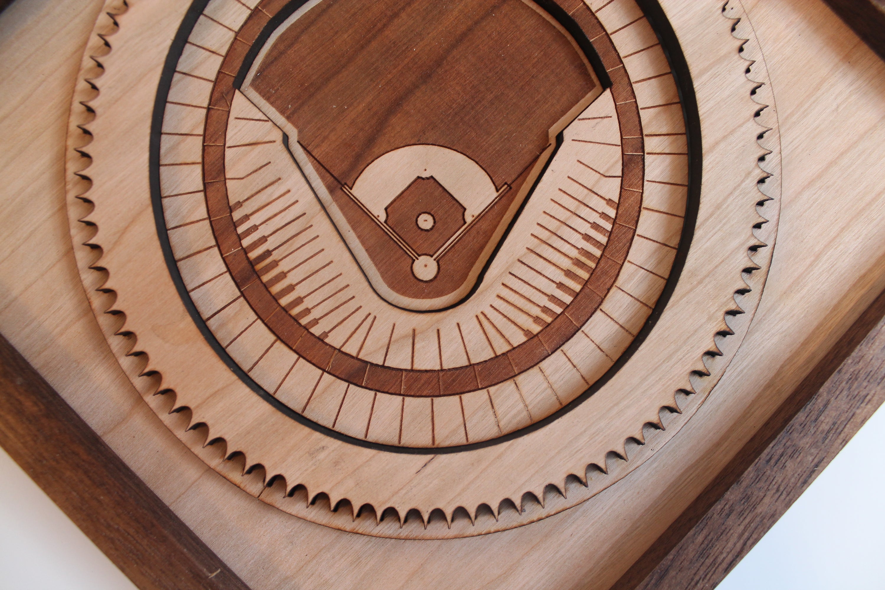 A beautifully crafted wooden artwork of Busch Stadium II featuring intricate laser-cut details and a black walnut frame, perfect for Cardinal fans.