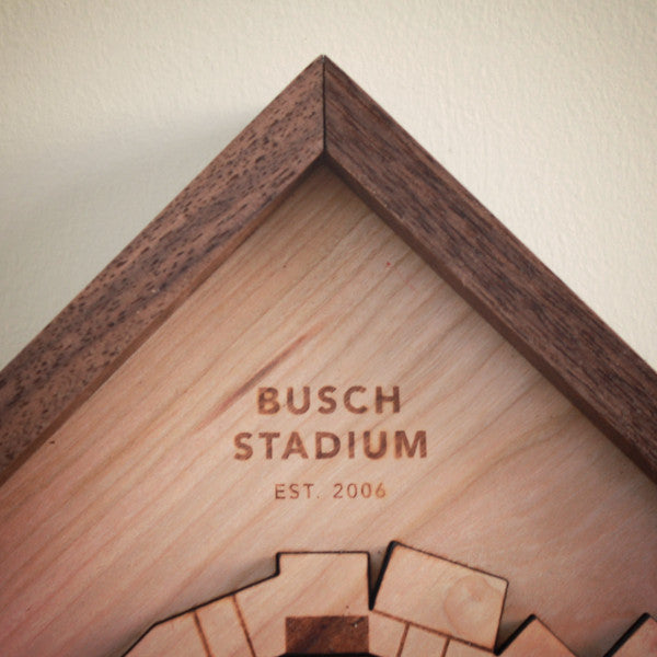 Laser engraved Busch Stadium art piece featuring the St. Louis Arch, crafted from solid cherry wood with a black walnut frame.