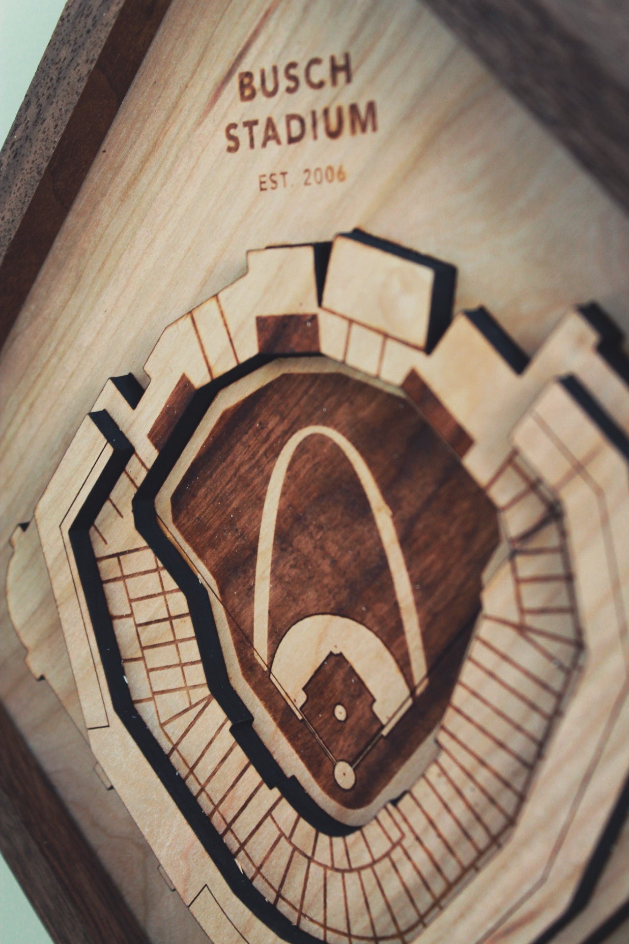 Laser engraved Busch Stadium art piece featuring the St. Louis Arch, crafted from solid cherry wood with a black walnut frame.