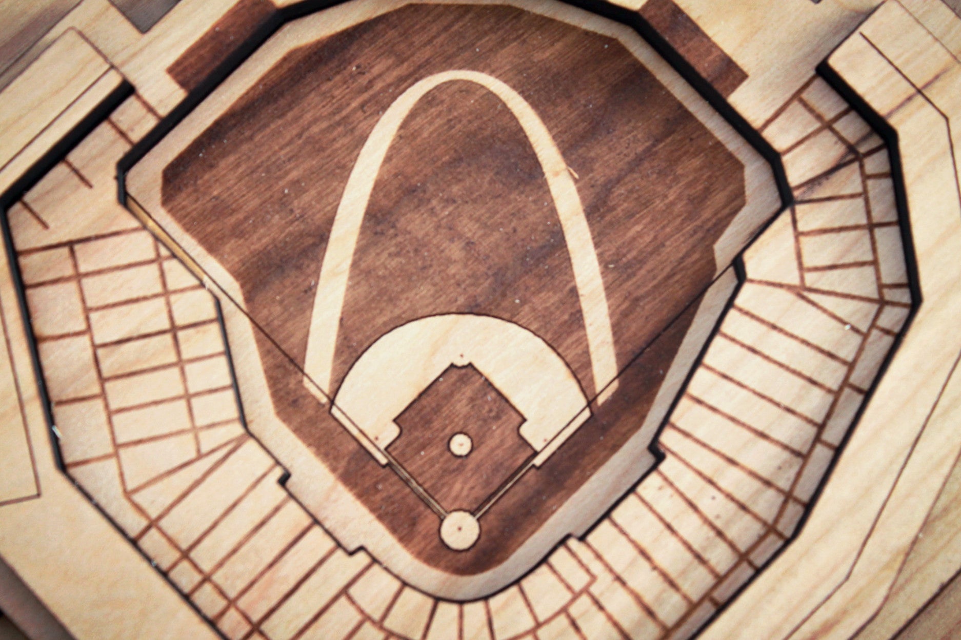 Laser engraved Busch Stadium art piece featuring the St. Louis Arch, crafted from solid cherry wood with a black walnut frame.