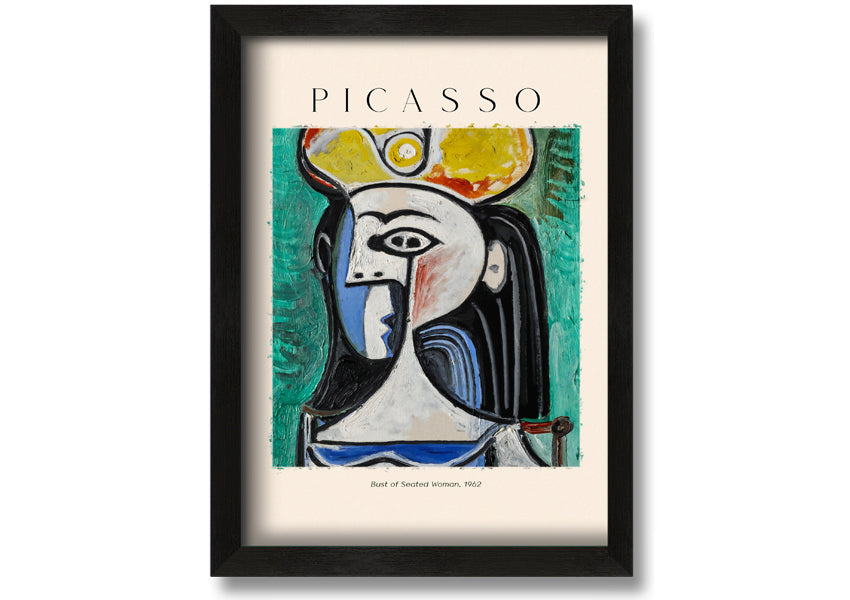 A vibrant reproduction of Picasso's Bust Of Seated Woman, 1962, printed on coated polyester canvas and mounted on a box frame.