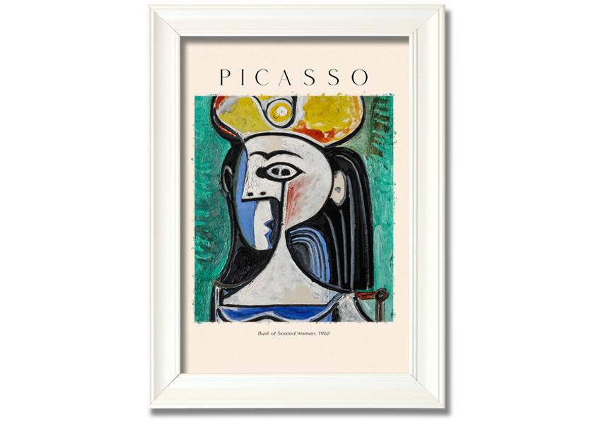 A vibrant reproduction of Picasso's Bust Of Seated Woman, 1962, printed on coated polyester canvas and mounted on a box frame.