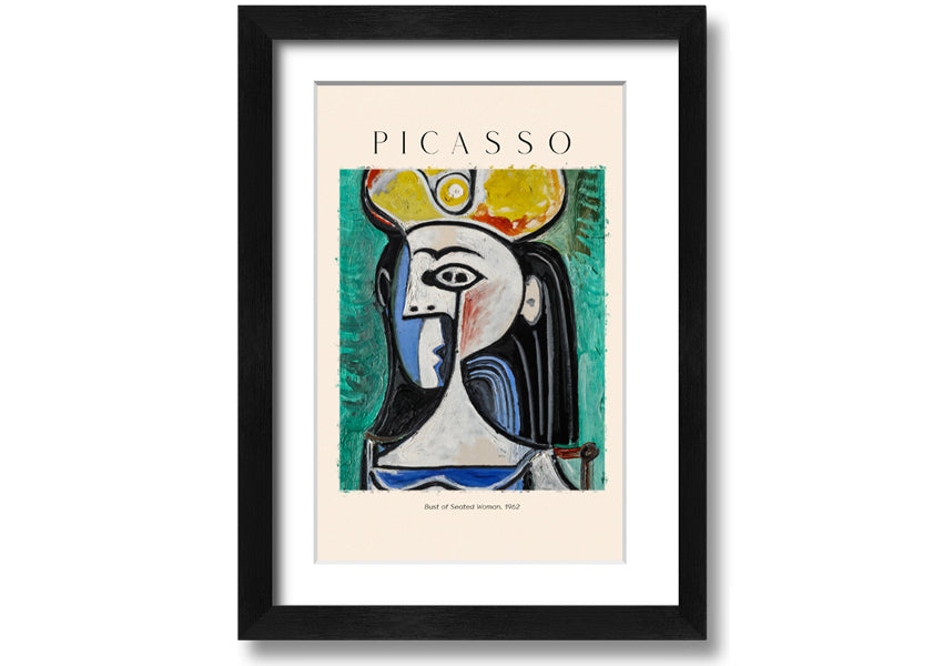 A vibrant reproduction of Picasso's Bust Of Seated Woman, 1962, printed on coated polyester canvas and mounted on a box frame.