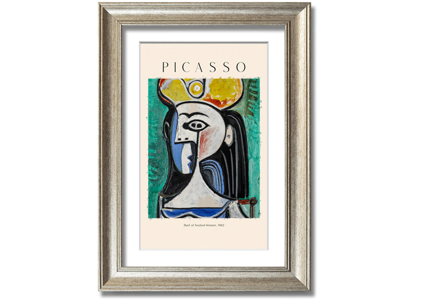 A vibrant reproduction of Picasso's Bust Of Seated Woman, 1962, printed on coated polyester canvas and mounted on a box frame.