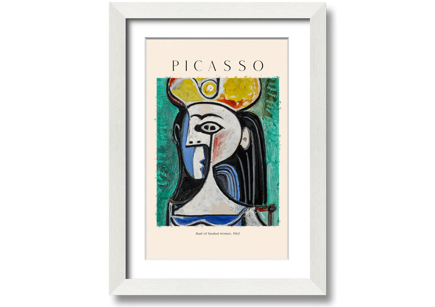 A vibrant reproduction of Picasso's Bust Of Seated Woman, 1962, printed on coated polyester canvas and mounted on a box frame.