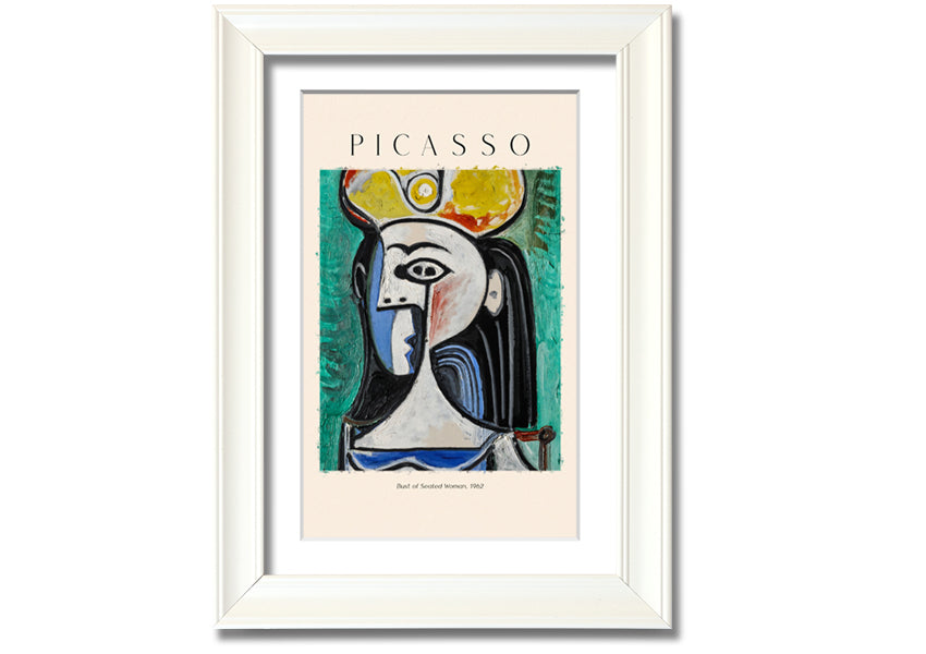 A vibrant reproduction of Picasso's Bust Of Seated Woman, 1962, printed on coated polyester canvas and mounted on a box frame.