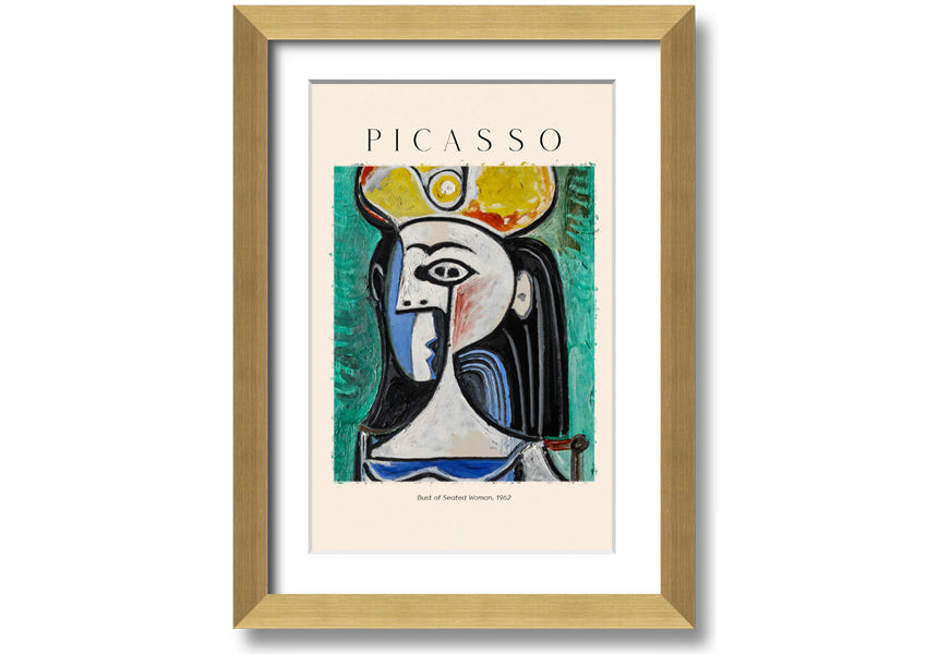 A vibrant reproduction of Picasso's Bust Of Seated Woman, 1962, printed on coated polyester canvas and mounted on a box frame.