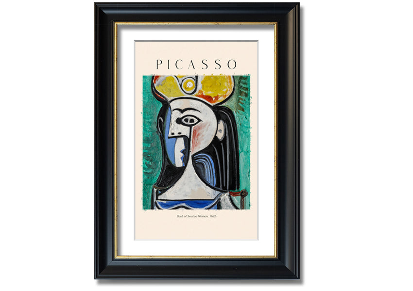 A vibrant reproduction of Picasso's Bust Of Seated Woman, 1962, printed on coated polyester canvas and mounted on a box frame.