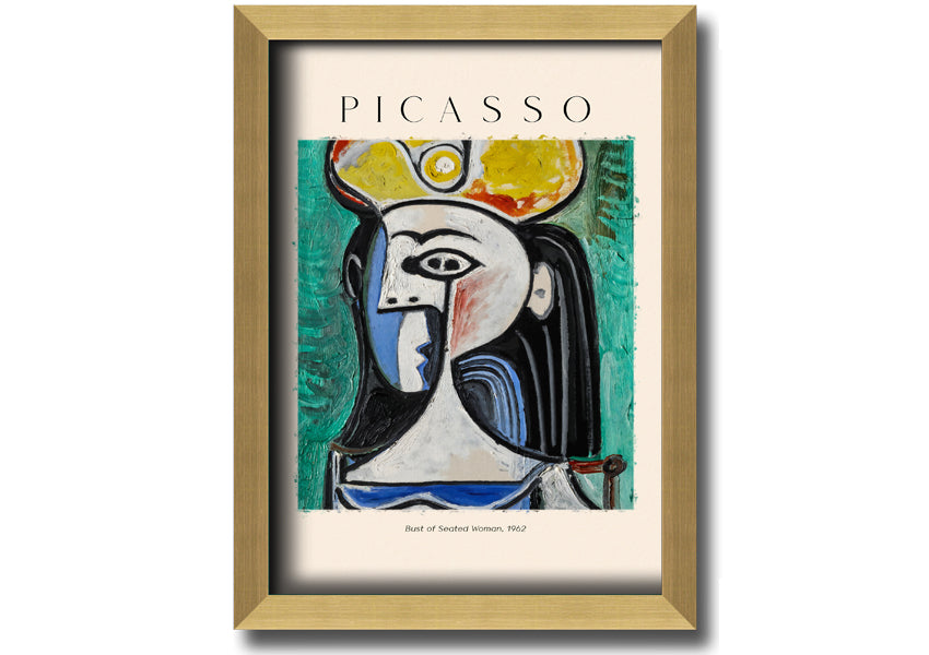 A vibrant reproduction of Picasso's Bust Of Seated Woman, 1962, printed on coated polyester canvas and mounted on a box frame.