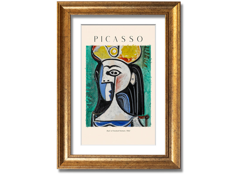 A vibrant reproduction of Picasso's Bust Of Seated Woman, 1962, printed on coated polyester canvas and mounted on a box frame.