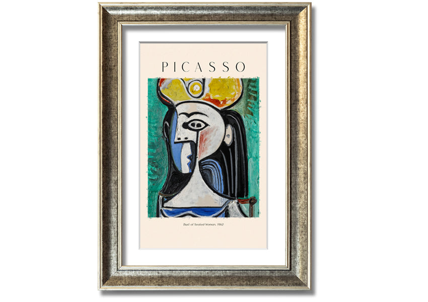 A vibrant reproduction of Picasso's Bust Of Seated Woman, 1962, printed on coated polyester canvas and mounted on a box frame.