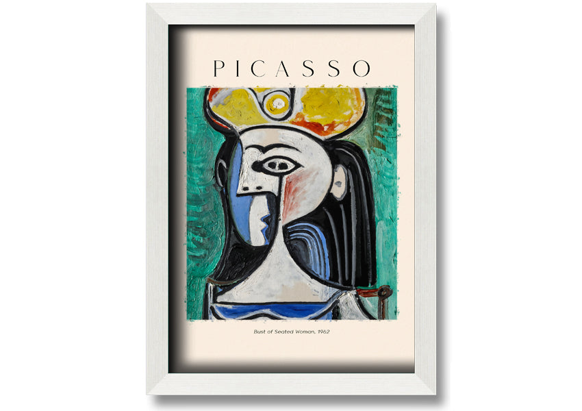 A vibrant reproduction of Picasso's Bust Of Seated Woman, 1962, printed on coated polyester canvas and mounted on a box frame.