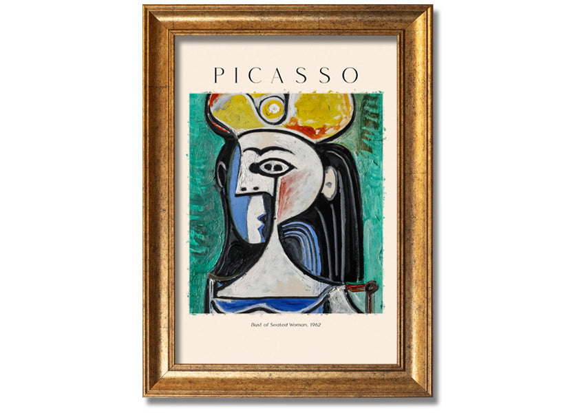 A vibrant reproduction of Picasso's Bust Of Seated Woman, 1962, printed on coated polyester canvas and mounted on a box frame.