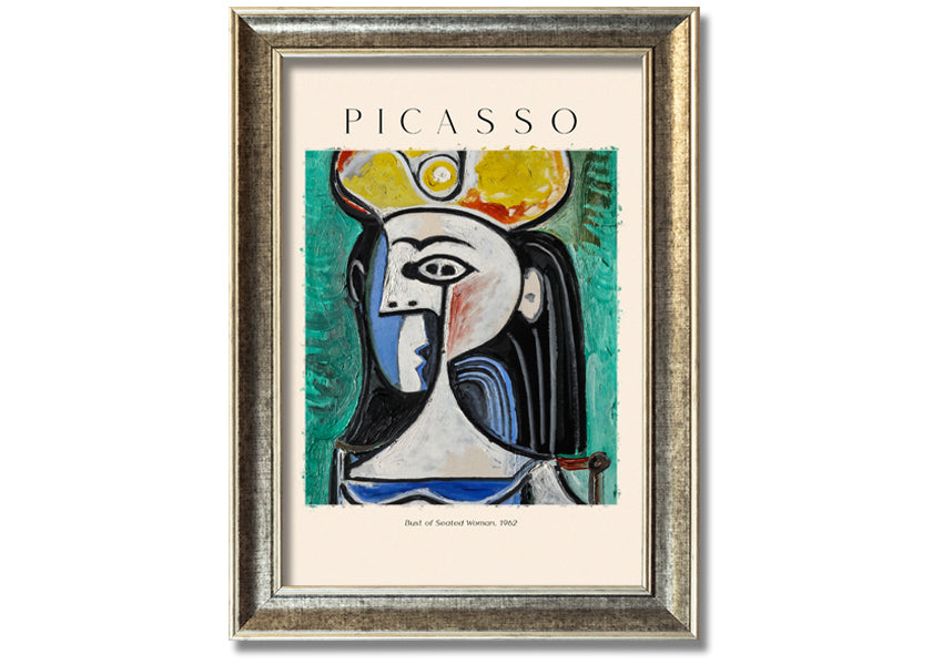 A vibrant reproduction of Picasso's Bust Of Seated Woman, 1962, printed on coated polyester canvas and mounted on a box frame.