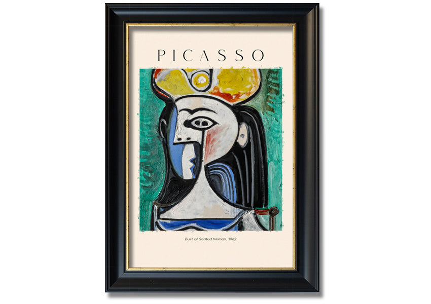 A vibrant reproduction of Picasso's Bust Of Seated Woman, 1962, printed on coated polyester canvas and mounted on a box frame.