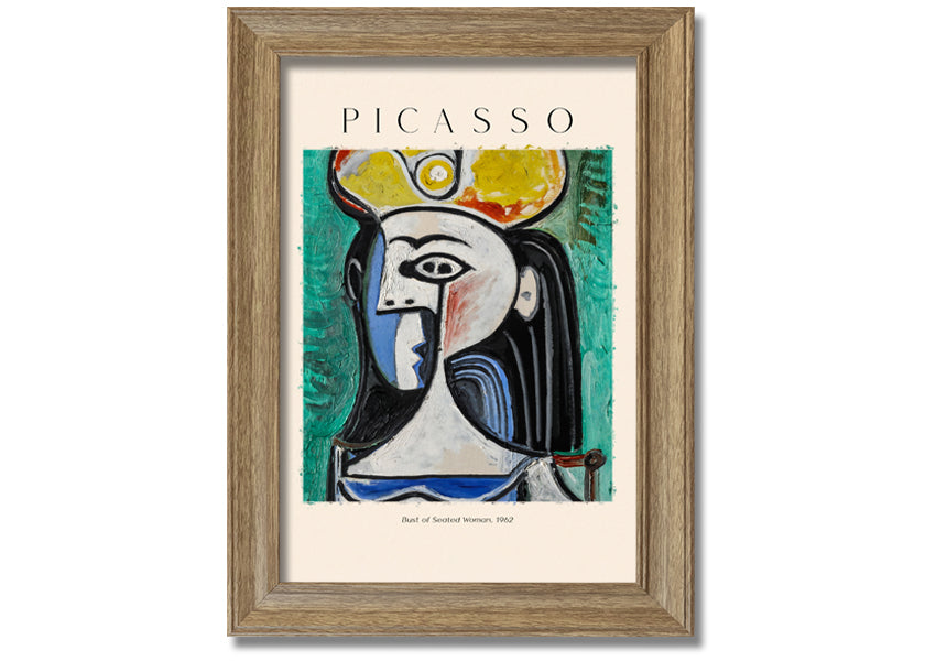 A vibrant reproduction of Picasso's Bust Of Seated Woman, 1962, printed on coated polyester canvas and mounted on a box frame.