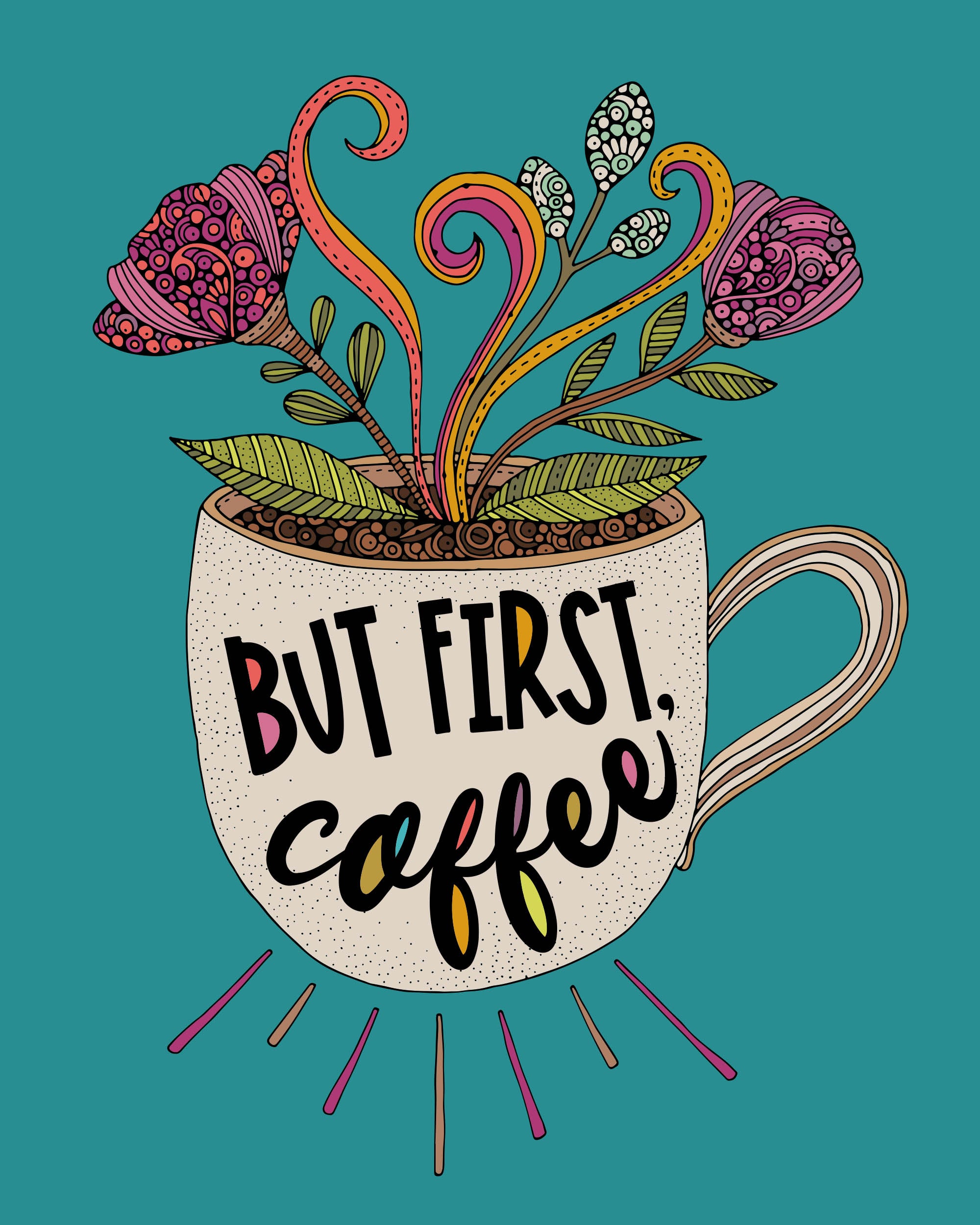 But First Coffee archival art print featuring a colorful coffee mug with floral designs and the quote in the center.