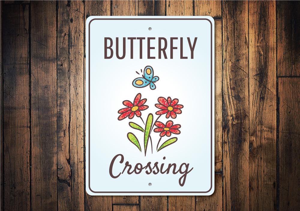 Butterfly Crossing Sign made of high-quality aluminum, featuring vibrant colors and a decorative design, perfect for wall decor.