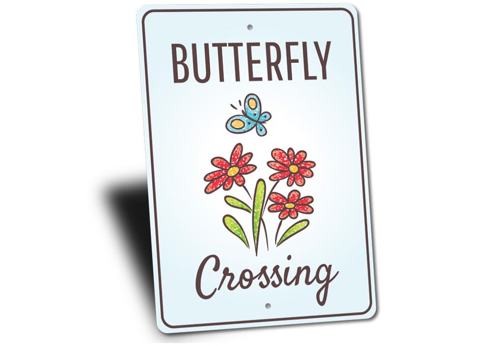 Butterfly Crossing Sign made of high-quality aluminum, featuring vibrant colors and a decorative design, perfect for wall decor.