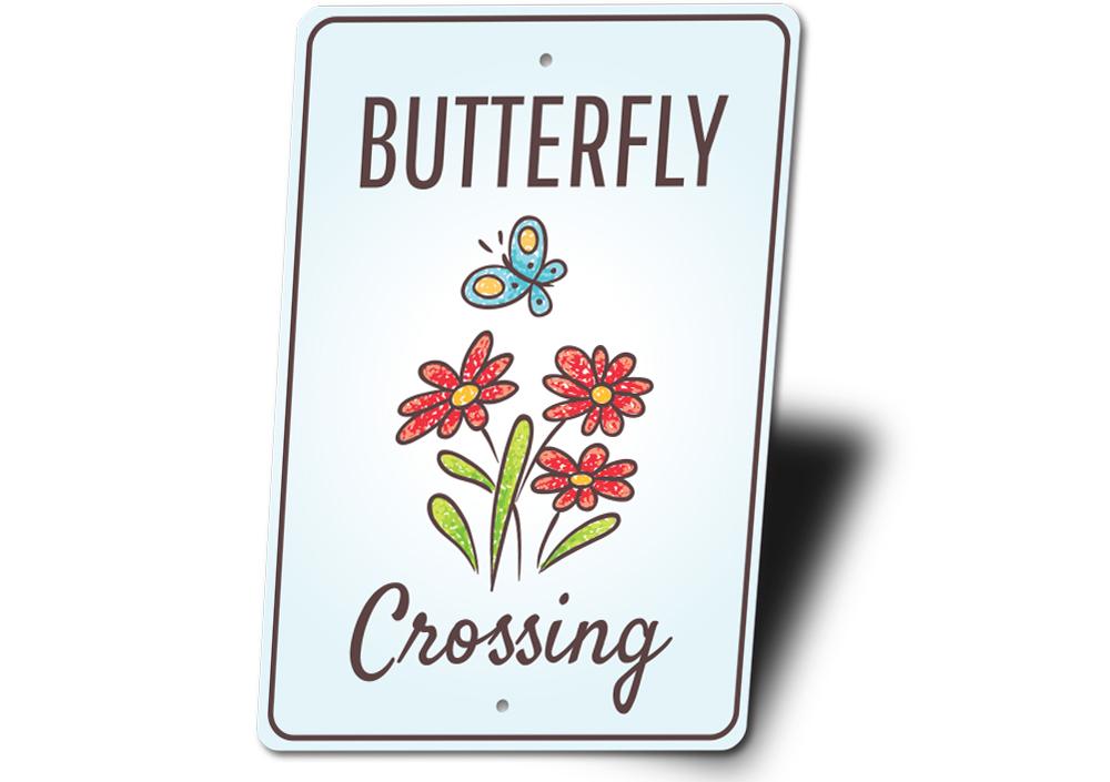 Butterfly Crossing Sign made of high-quality aluminum, featuring vibrant colors and a decorative design, perfect for wall decor.