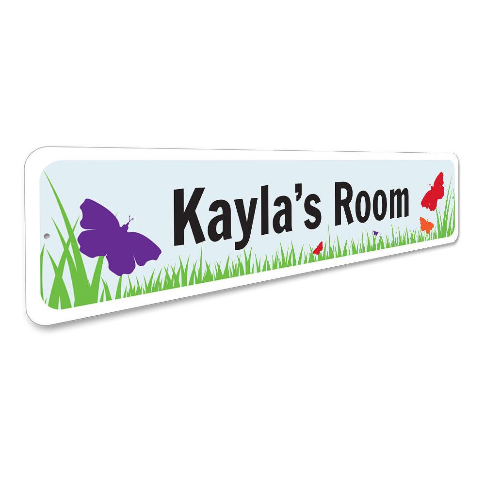 A colorful Butterfly Room Sign made of aluminum, featuring a vibrant butterfly design, perfect for children's room decor.