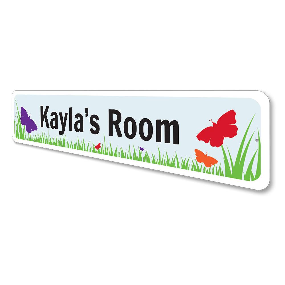 A colorful Butterfly Room Sign made of aluminum, featuring a vibrant butterfly design, perfect for children's room decor.