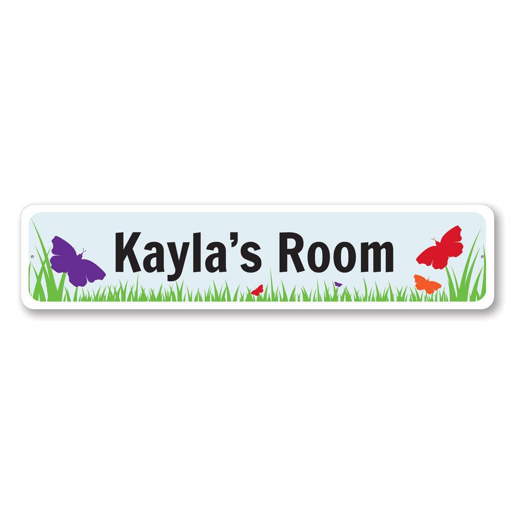 A colorful Butterfly Room Sign made of aluminum, featuring a vibrant butterfly design, perfect for children's room decor.