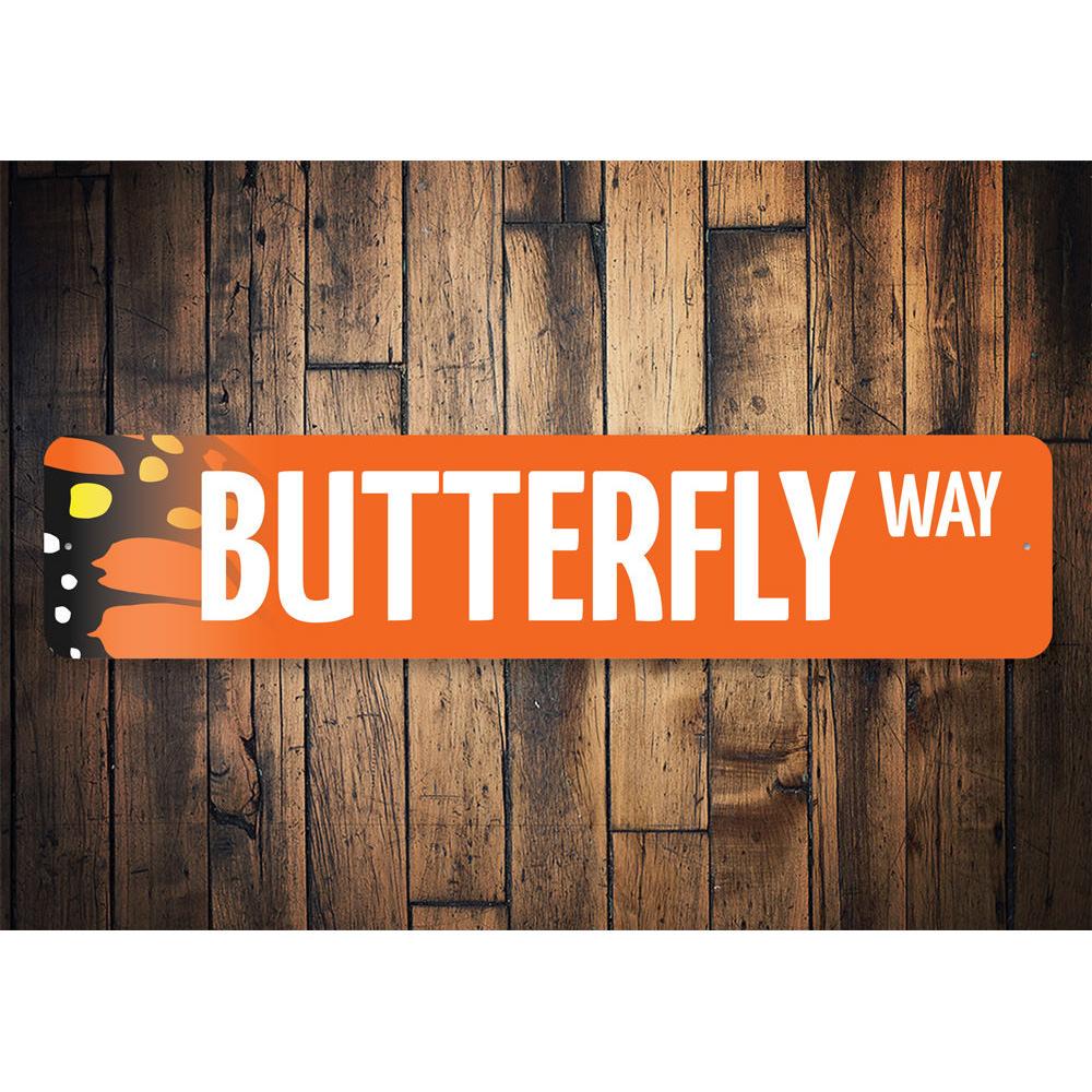 Butterfly Street Sign made of high-quality aluminum, featuring vibrant colors and customizable text, perfect for home decor.