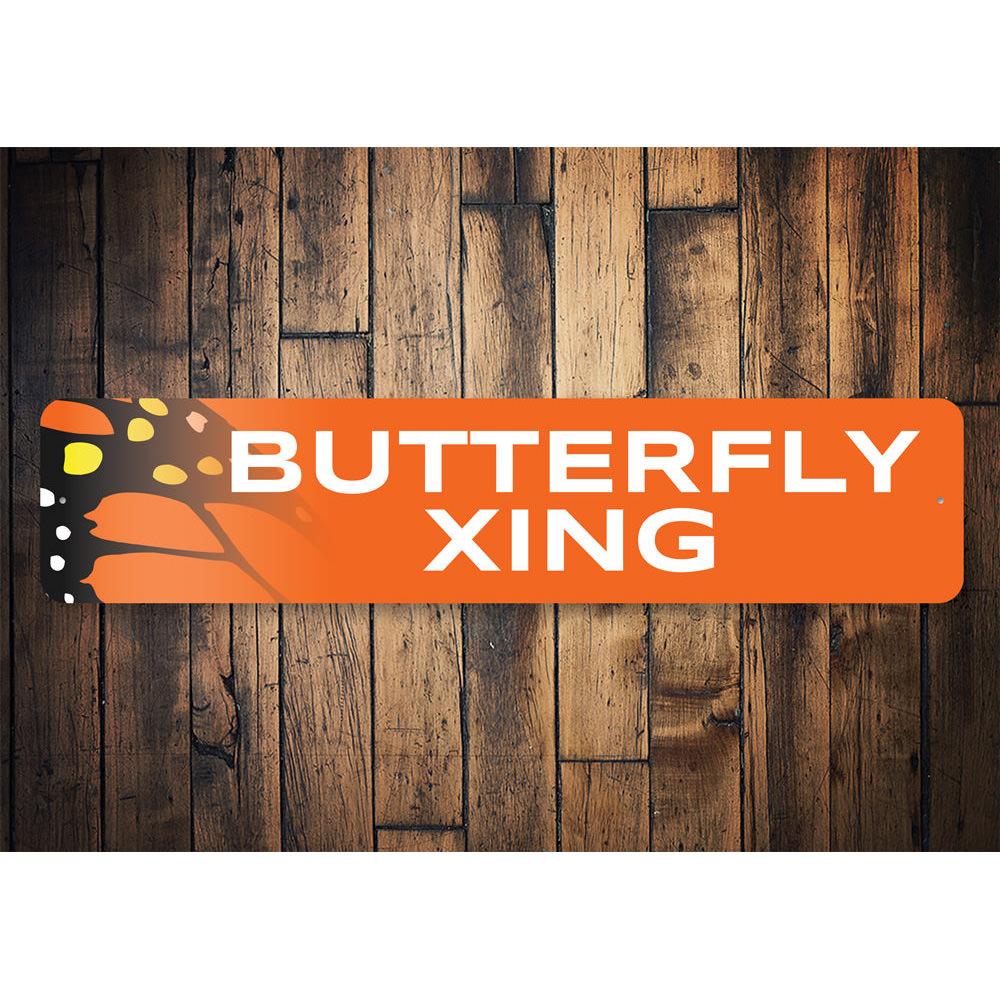 Butterfly Xing Sign made of aluminum, featuring a decorative butterfly design, suitable for indoor and outdoor use.