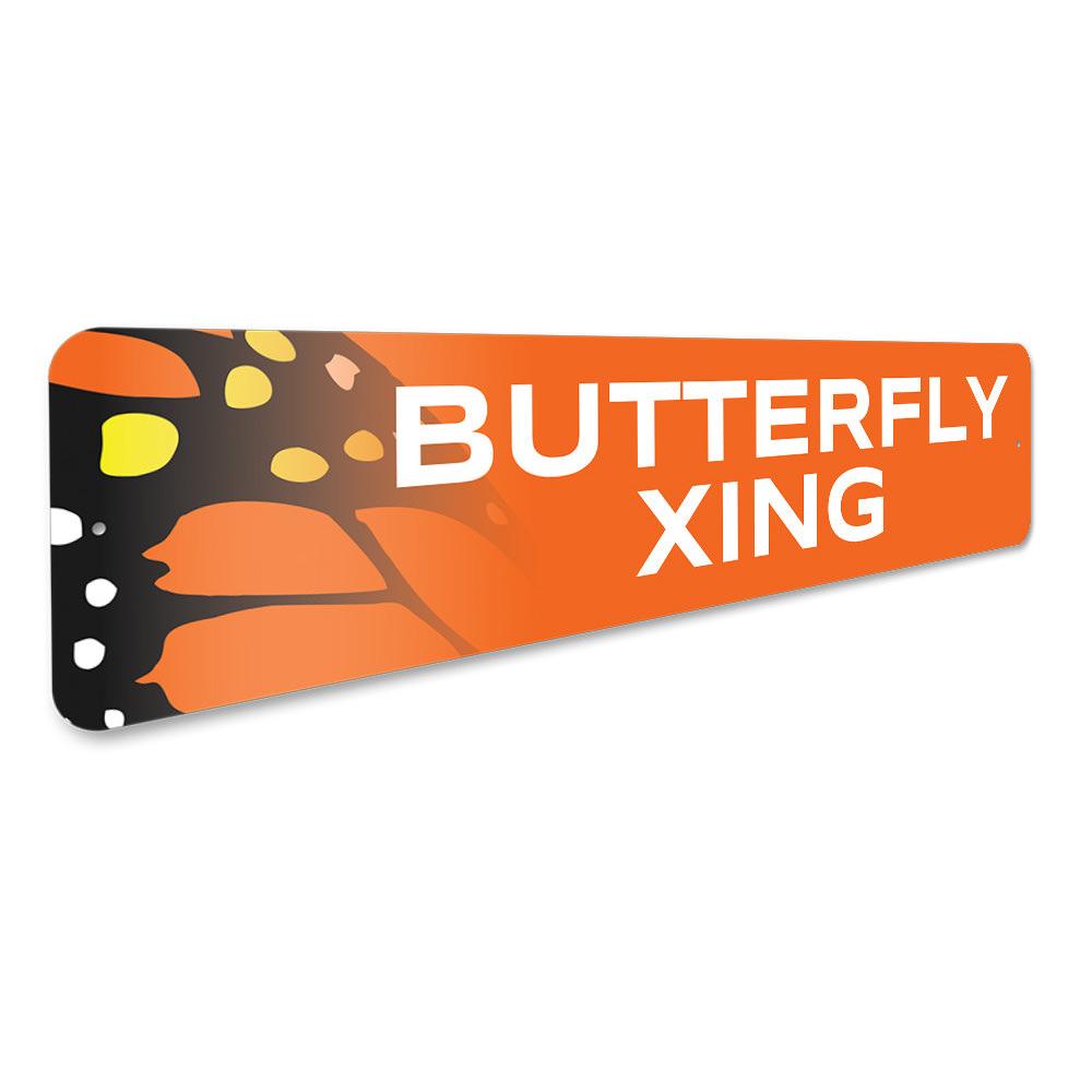 Butterfly Xing Sign made of aluminum, featuring a decorative butterfly design, suitable for indoor and outdoor use.