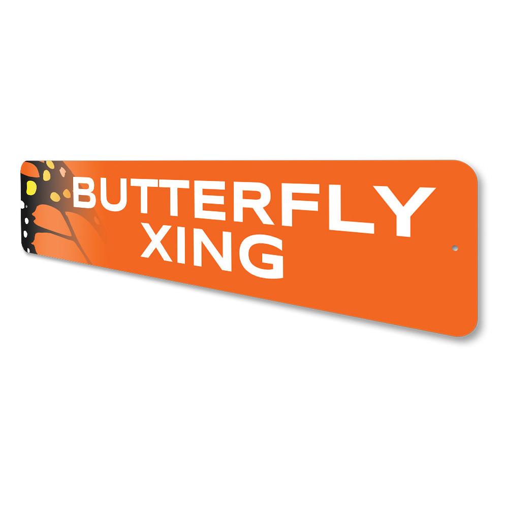 Butterfly Xing Sign made of aluminum, featuring a decorative butterfly design, suitable for indoor and outdoor use.