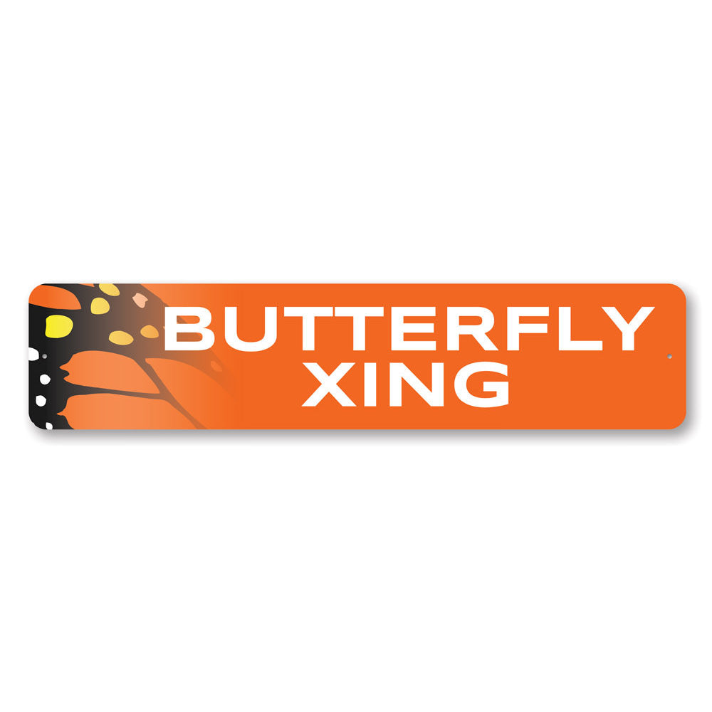 Butterfly Xing Sign made of aluminum, featuring a decorative butterfly design, suitable for indoor and outdoor use.