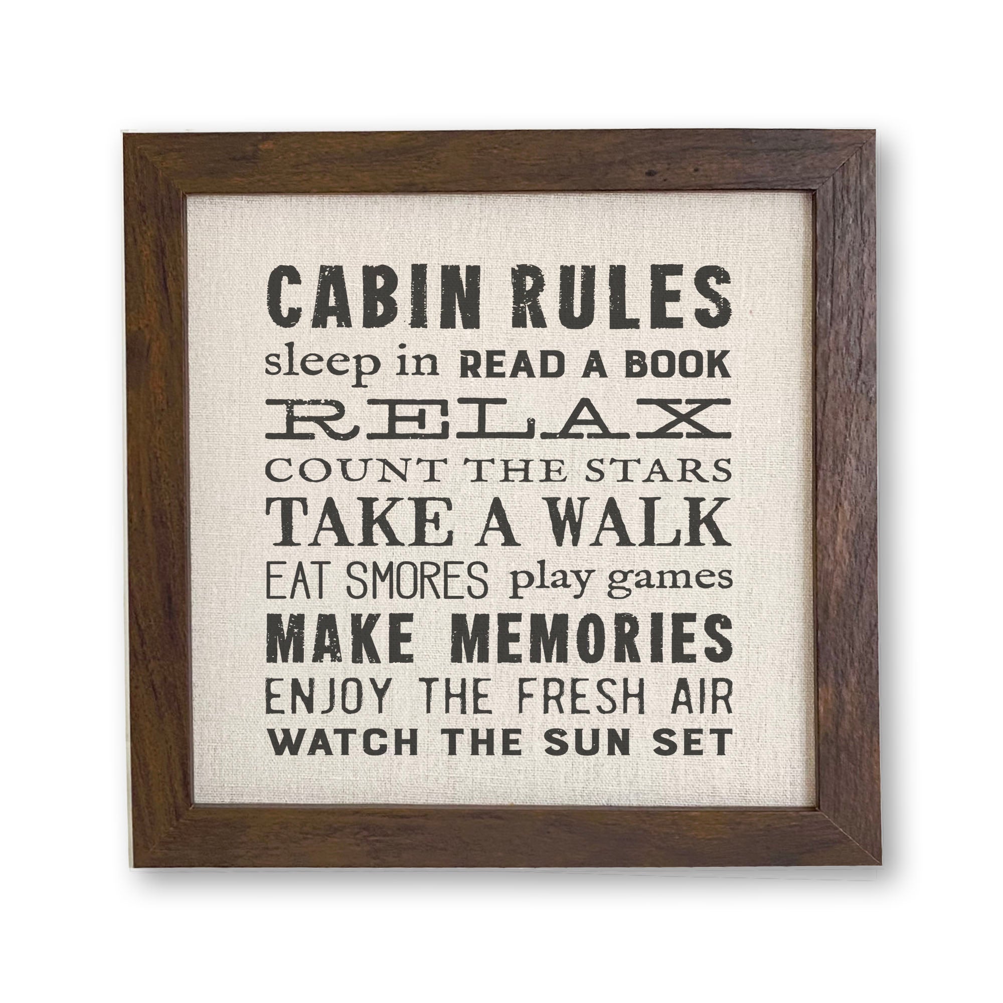 A beautifully framed Cabin Rules sign with a natural linen-style background and eco-friendly printing, perfect for cabin decor.