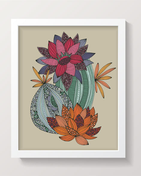 A vibrant archival art print of cactus flowers, showcasing intricate pen and ink details with digital coloring on matte card stock.