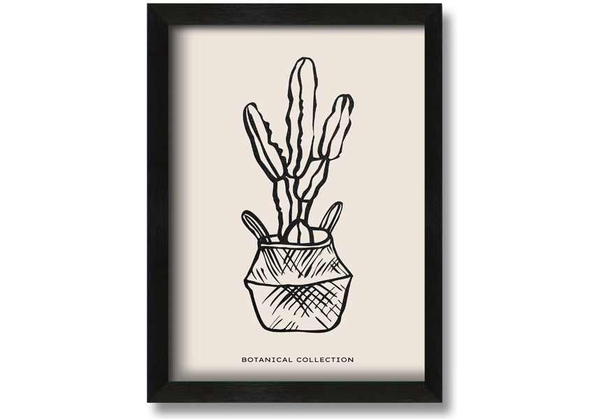 A beautifully framed print of a cactus in a pot, showcasing vibrant colors and intricate details, ready to hang on the wall.