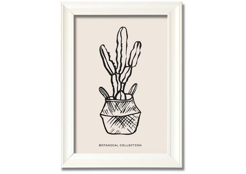 A beautifully framed print of a cactus in a pot, showcasing vibrant colors and intricate details, ready to hang on the wall.