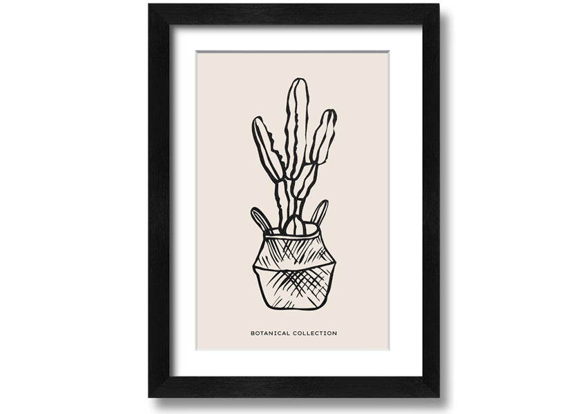 A beautifully framed print of a cactus in a pot, showcasing vibrant colors and intricate details, ready to hang on the wall.