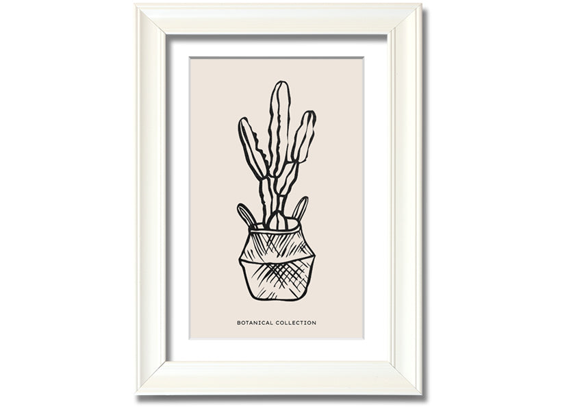 A beautifully framed print of a cactus in a pot, showcasing vibrant colors and intricate details, ready to hang on the wall.